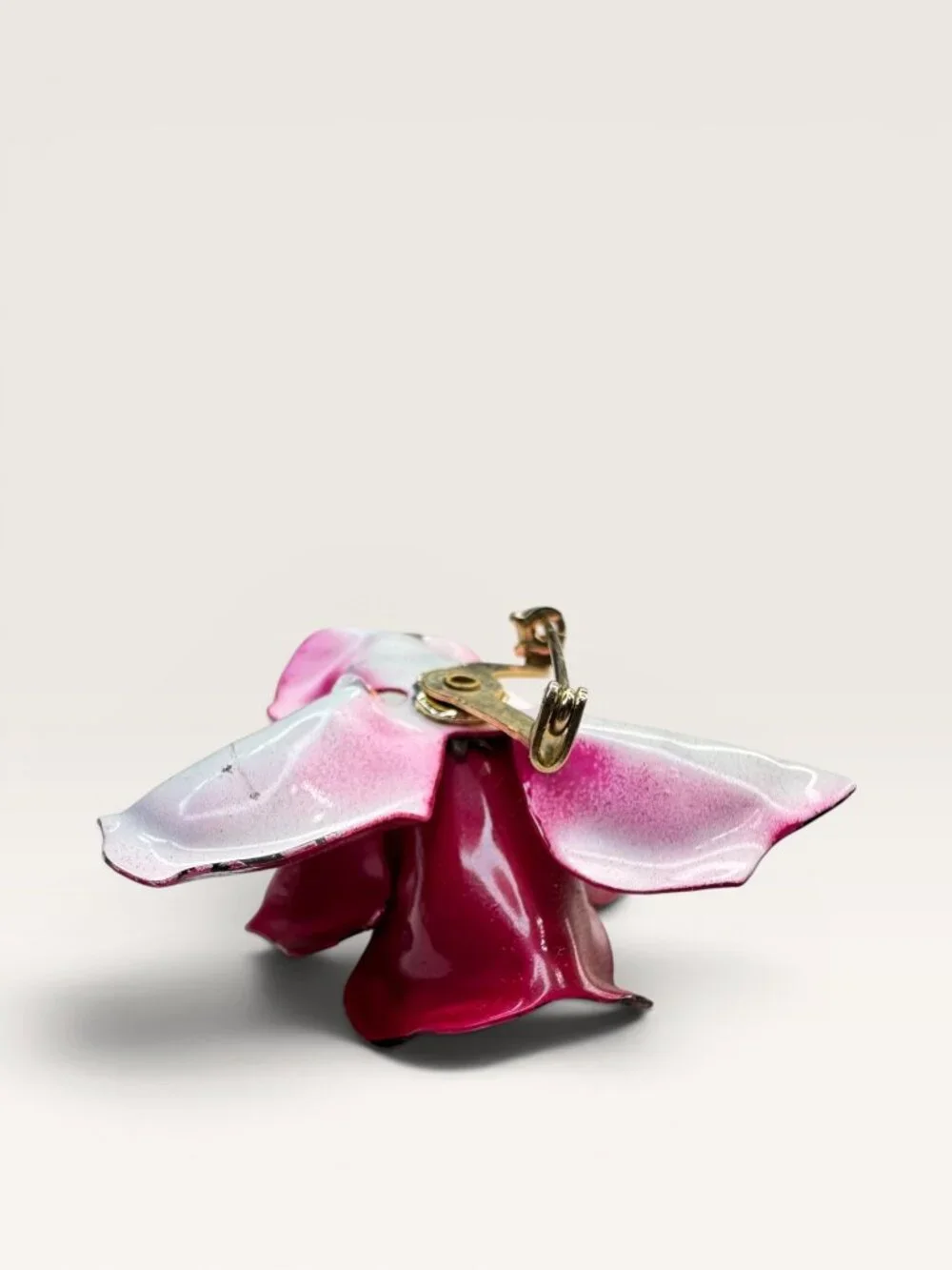 1970s Fuchsia Pink Enamel Flower Brooch Layered Floral Faux Pearl Vintage